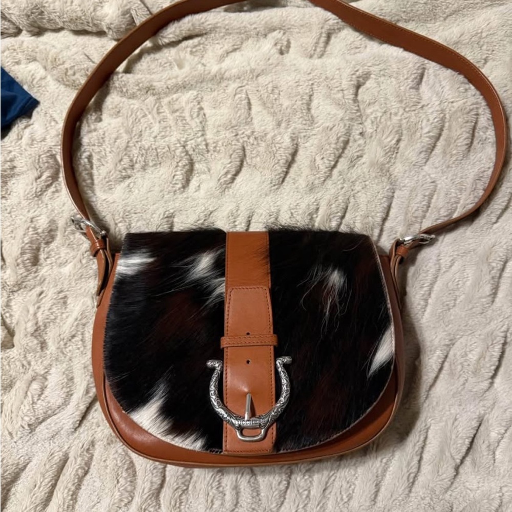 Lucchese Brown and Black Crossbody Bag with Saddle Shape hair on hide
